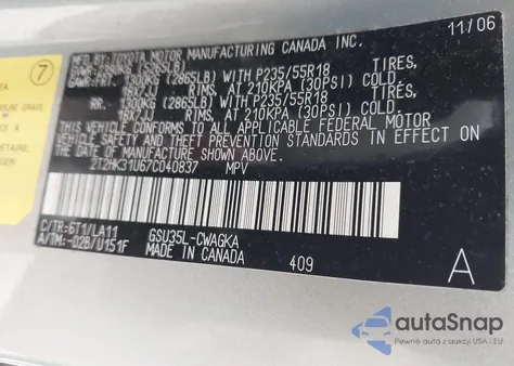 2007 Lexus Rx 350 from USA, damaged, VIN 2T2HK31U67C040837